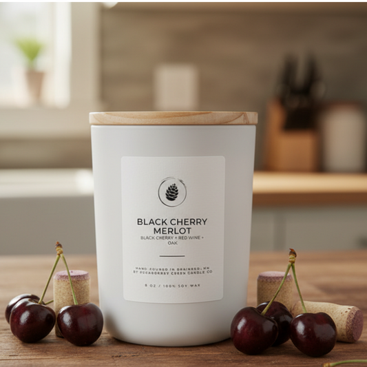 White candle labeled 'Black Cherry Merlot' with cherries and a cork on a wooden surface.
