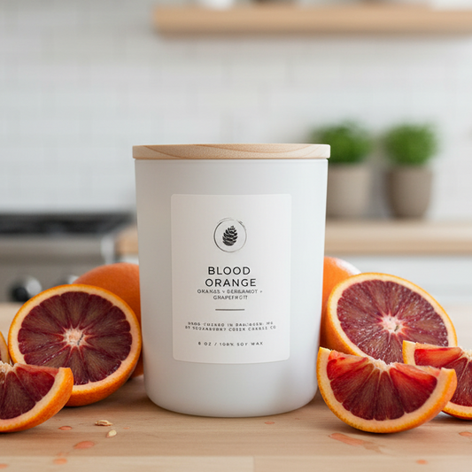 Candle labeled 'Blood Orange' with blood oranges on a wooden surface