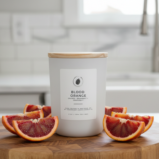 Candle with a wooden lid and label on a white background