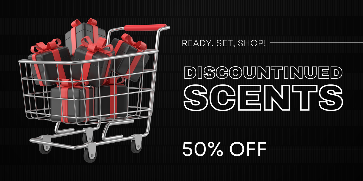 shopping cart with wrapped presents and a red bow. Disconutinued scents 50% off.