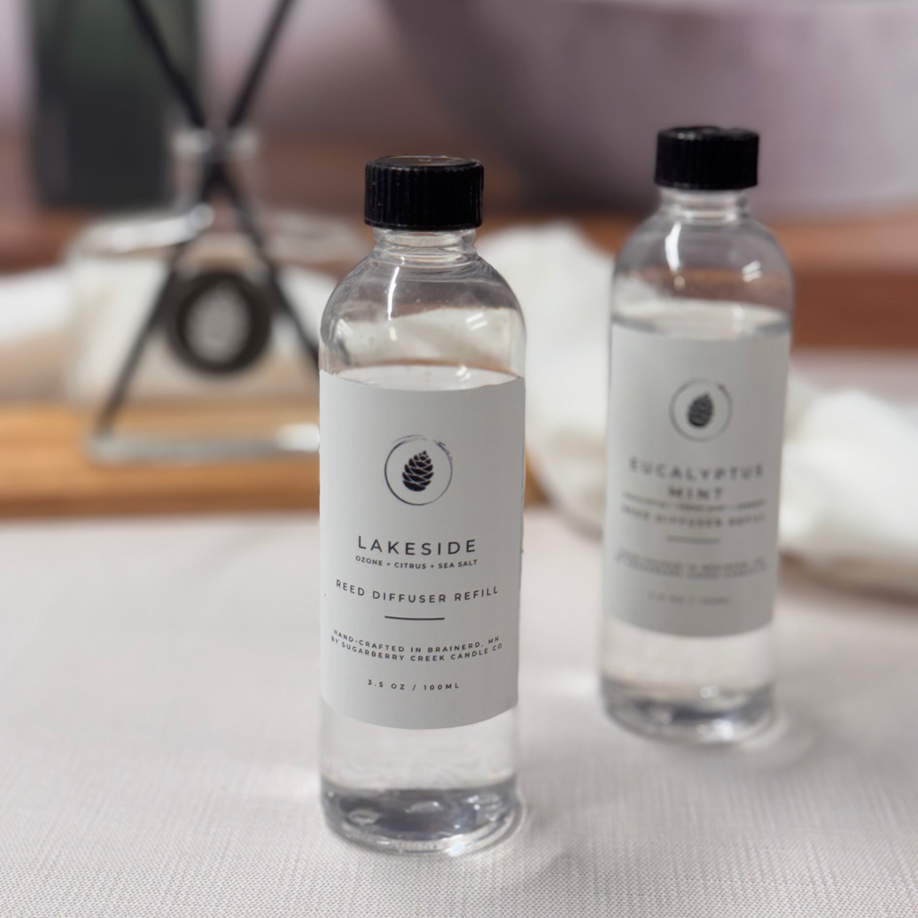 Two diffuser refills labeled 'Lakeside' and 'Eucalyptus Mint' on a surface with a blurred background.