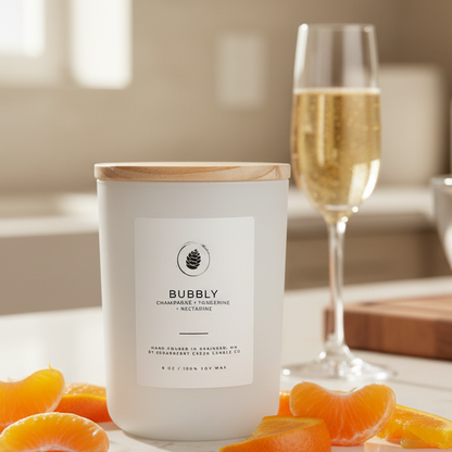 Candle labeled 'Bubbly' with a glass of champagne and orange slices on a table.