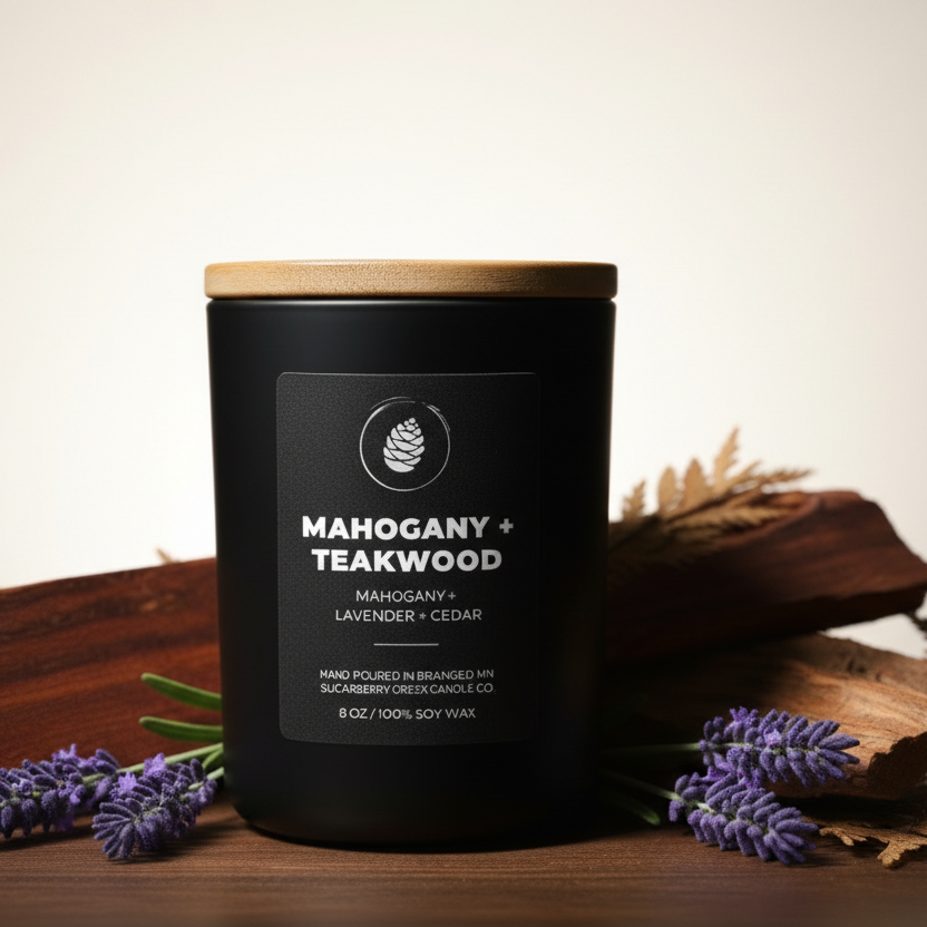 Black candle with wooden lid and label on a dark background with lavender and wood elements.
