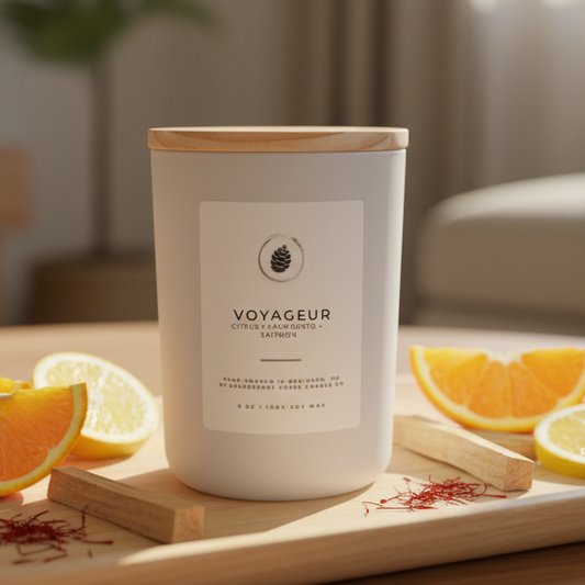 Candle labeled 'Voyageur' on a wooden coaster with citrus fruits in the background